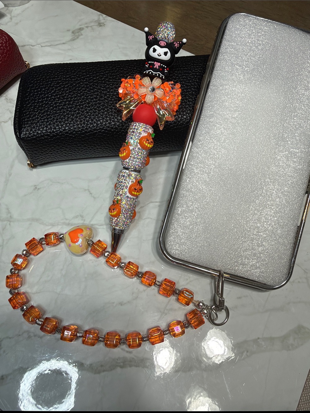 Set of Handmade Orange Beaded Phone Charm and pen with Halloween Accent